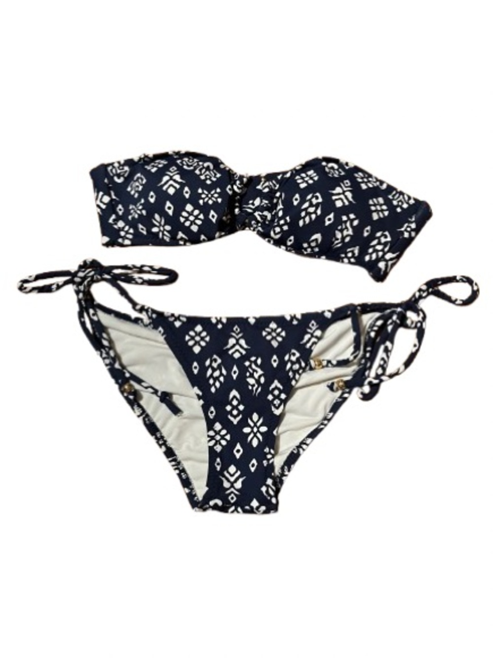 Eberjey Navy Blue Printed Bandeau Tie-Side Bikini Size Small